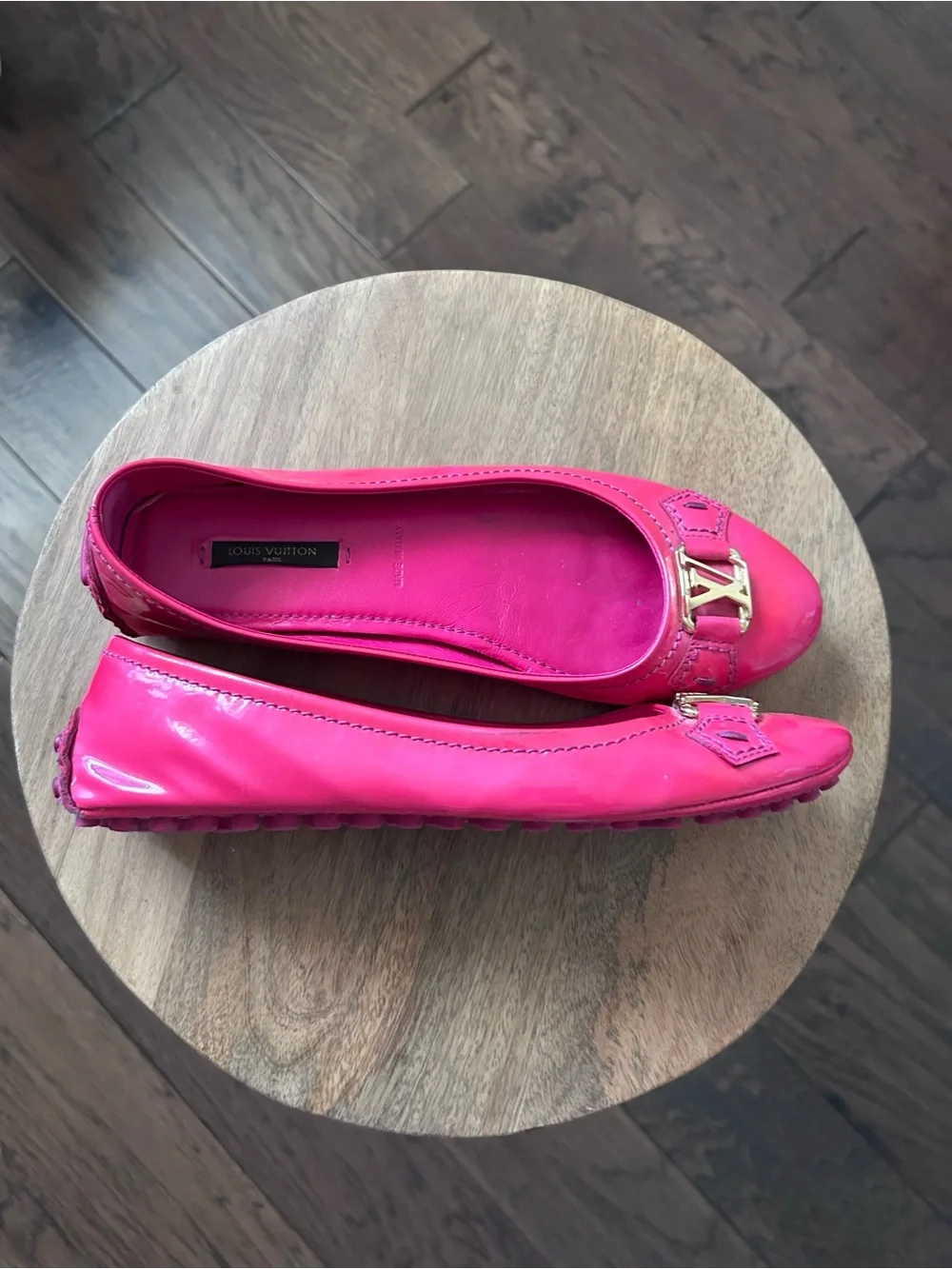Louis Vuitton Hot Pink Patent Ballet Flats with Gold LV Accent